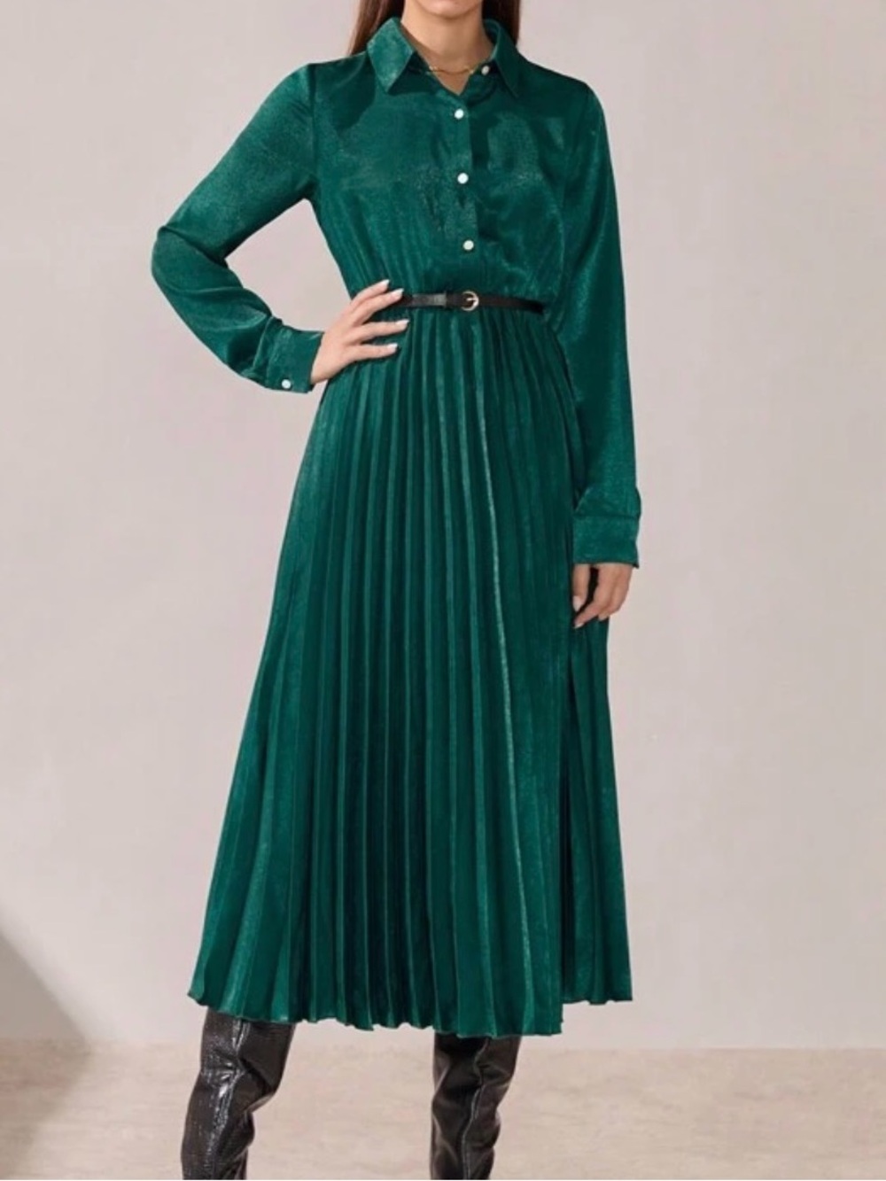 SHEIN Teal Button-Front Pleated Maxi Dress